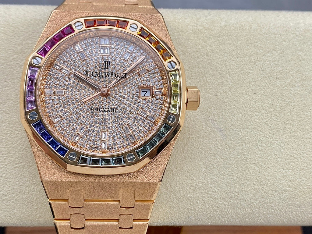 Audemars Piguet watch with diamond dial and multicolor gem bezel, rose-gold bracelet
