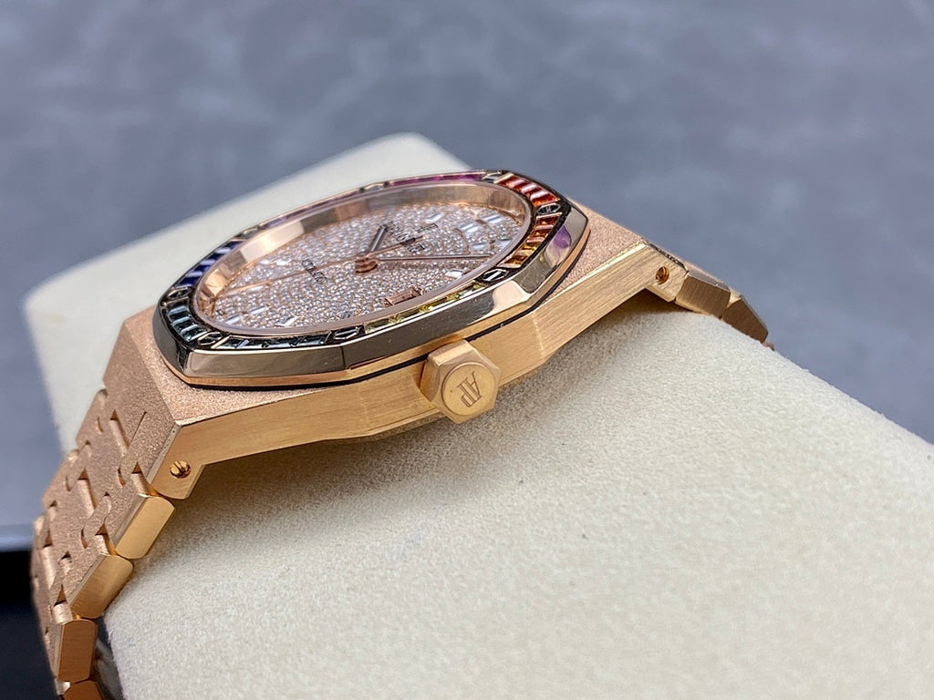 Audemars Piguet watch with diamond dial and multicolor gem bezel, rose-gold bracelet