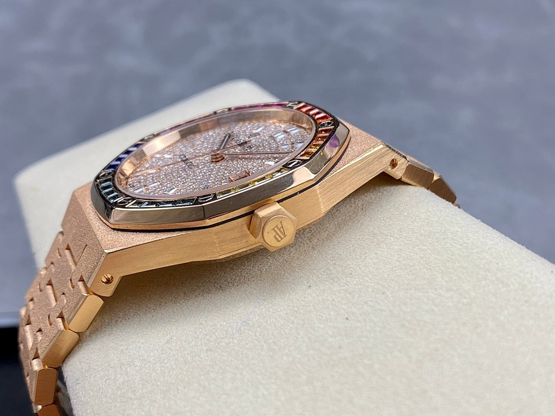 Audemars Piguet watch with diamond dial and multicolor gem bezel, rose-gold bracelet