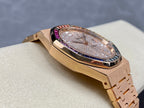 Audemars Piguet watch angled: diamond dial, multicolor bezel, rose-gold case
