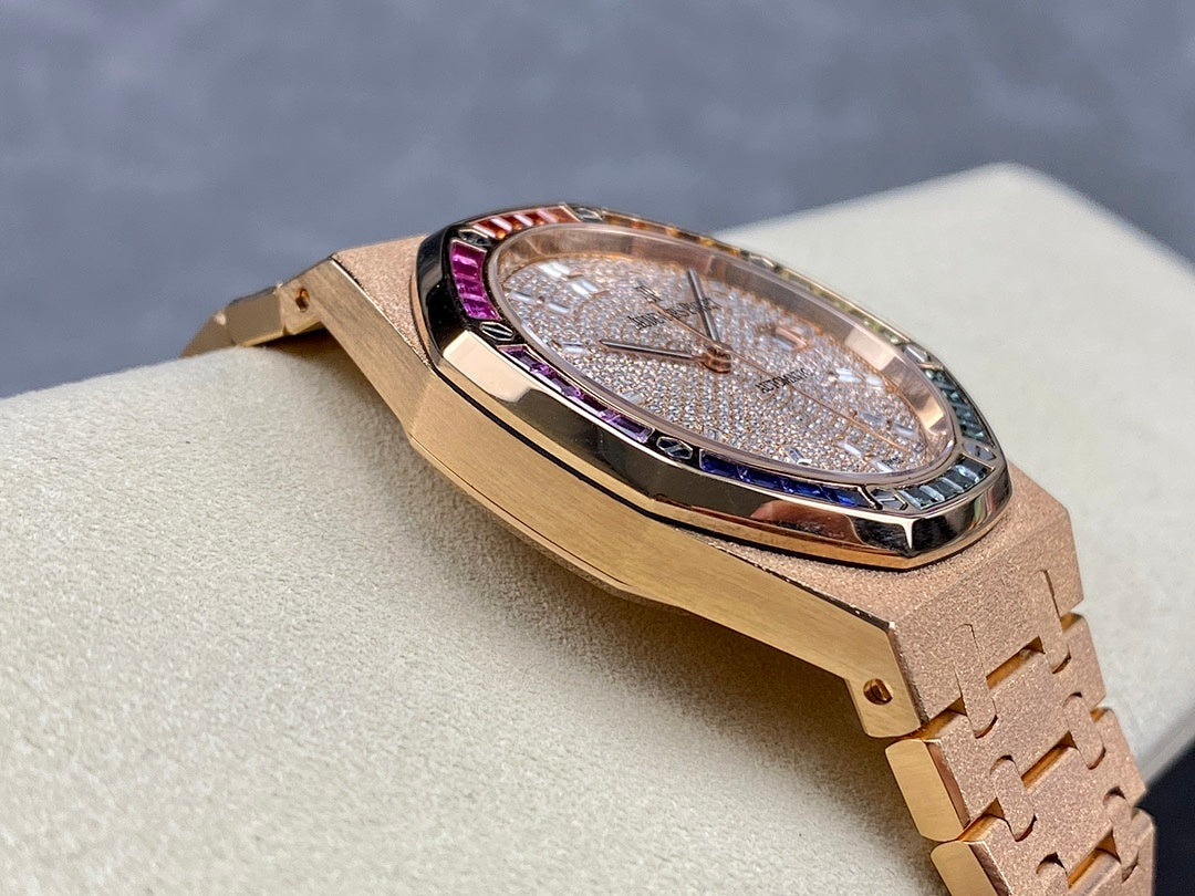 Audemars Piguet watch angled: diamond dial, multicolor bezel, rose-gold case
