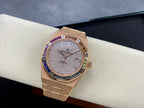Audemars Piguet watch with diamond dial, multicolor gem bezel, rose-gold case