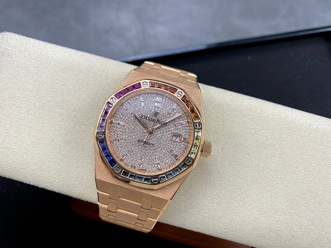Audemars Piguet watch with diamond dial, multicolor gem bezel, rose-gold case
