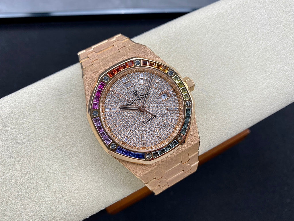Audemars Piguet watch with diamond dial and multicolor gem bezel, rose-gold bracelet
