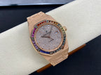 Audemars Piguet watch with diamond dial and multicolor gem bezel, rose-gold bracelet