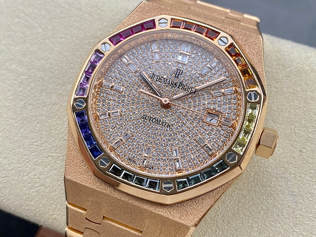Audemars Piguet watch: diamond dial, rose-gold case, multicolor gem bezel, bracelet