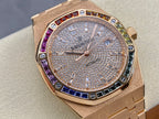 Audemars Piguet watch with diamond dial, rose-gold case, multicolor gem bezel