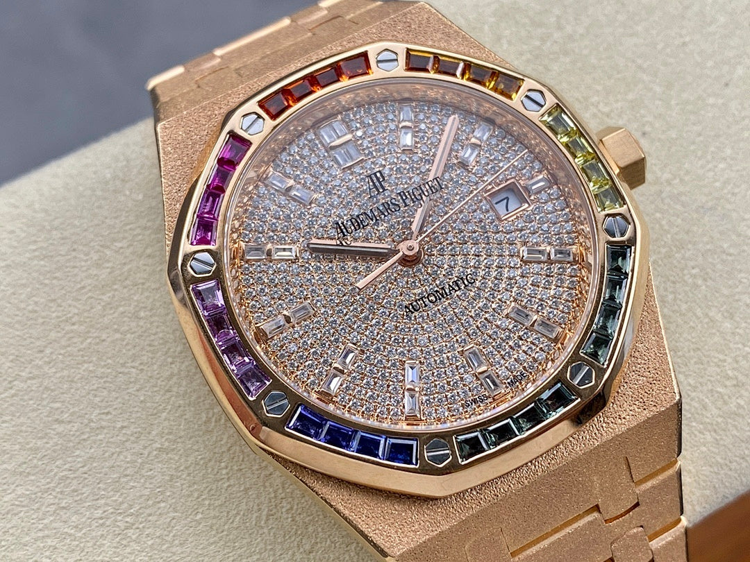 Audemars Piguet watch with diamond dial, rose-gold case, multicolor gem bezel