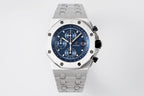 Audemars Piguet stainless steel watch with blue chronograph dial and metal bracelet.