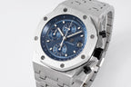 Audemars Piguet stainless steel watch with octagonal blue chronograph dial and bracelet.