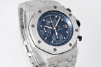 Audemars Piguet stainless steel watch with blue chronograph dial and steel bracelet.