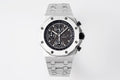 Stainless steel chronograph watch with black dial and three subdials, metal bracelet