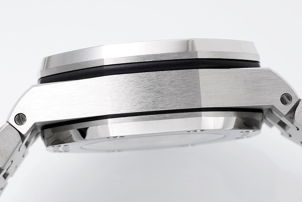 Brushed silver chronograph watch case with black bezel ring and side profile
