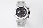 Luxury chronograph watch with black dial and three subdials, stainless steel bracelet