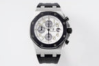 Audemars Piguet watch with silver dial, black chronograph subdials, black rubber strap