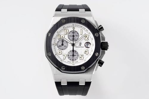 Audemars Piguet watch with silver dial, black chronograph subdials, black rubber strap