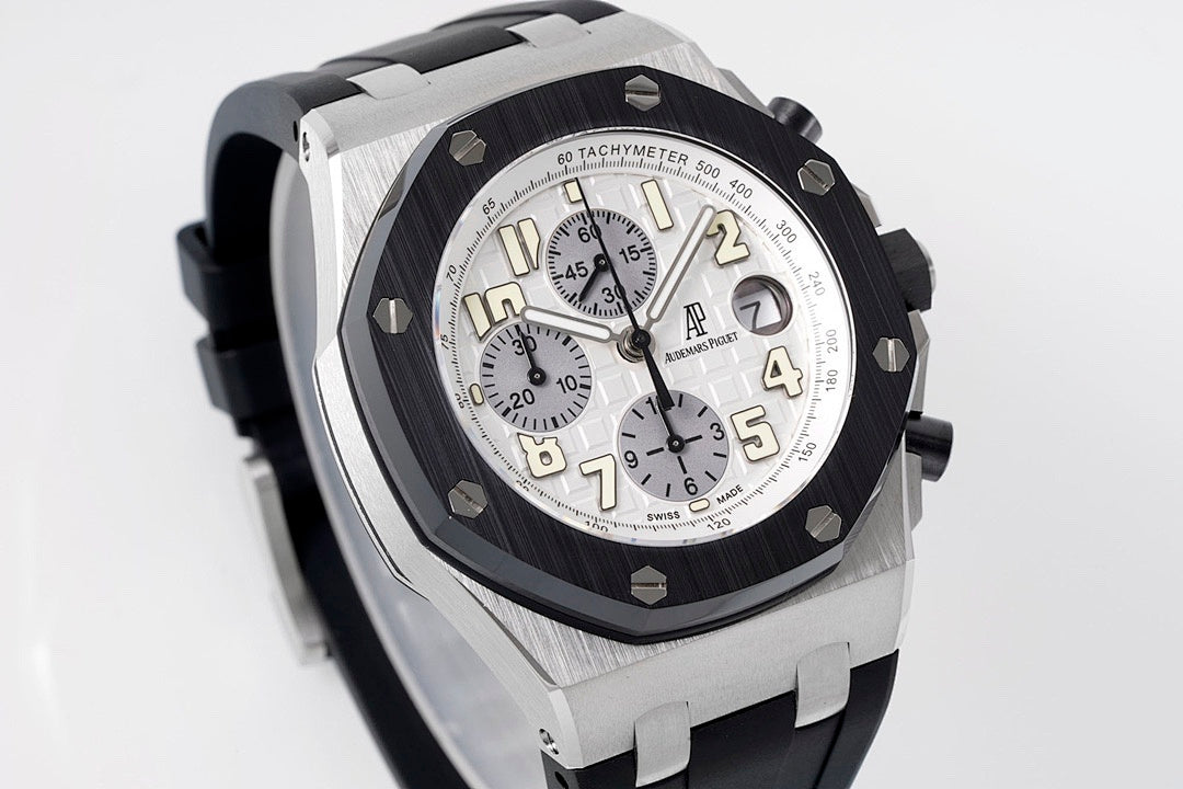 Audemars Piguet watch front angled with tachymeter ring and three chronograph counters