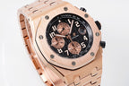 Audemars Piguet Royal Oak watch angled view with black dial and rose gold case