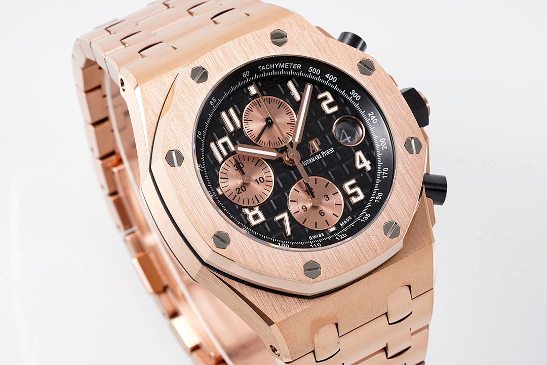 Audemars Piguet Royal Oak watch angled view with black dial and rose gold case