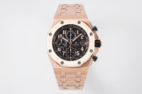 Audemars Piguet watch with rose-gold tone bracelet and black chronograph dial