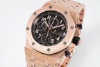 Audemars Piguet watch with rose-gold tone case, black dial, and chronograph subdials