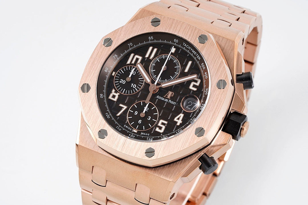 Audemars Piguet watch with rose-gold tone case, black dial, and chronograph subdials