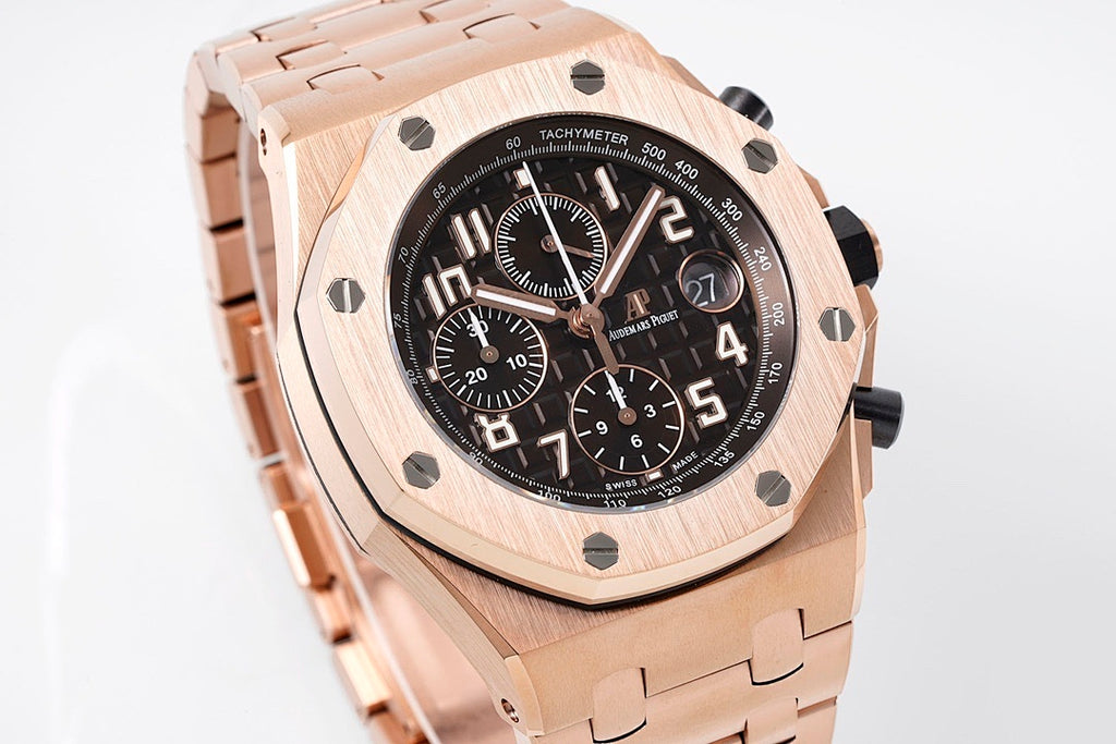 Audemars Piguet watch three-quarter view with rose-gold tone case and black chronograph dial