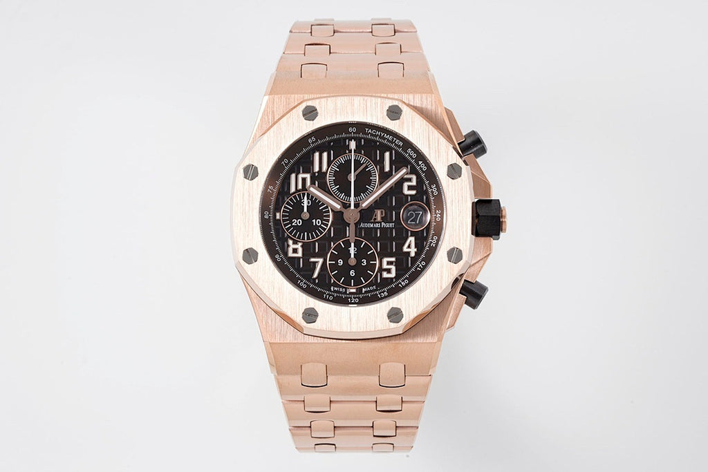Audemars Piguet watch with rose-gold tone bracelet and black dial chronograph display
