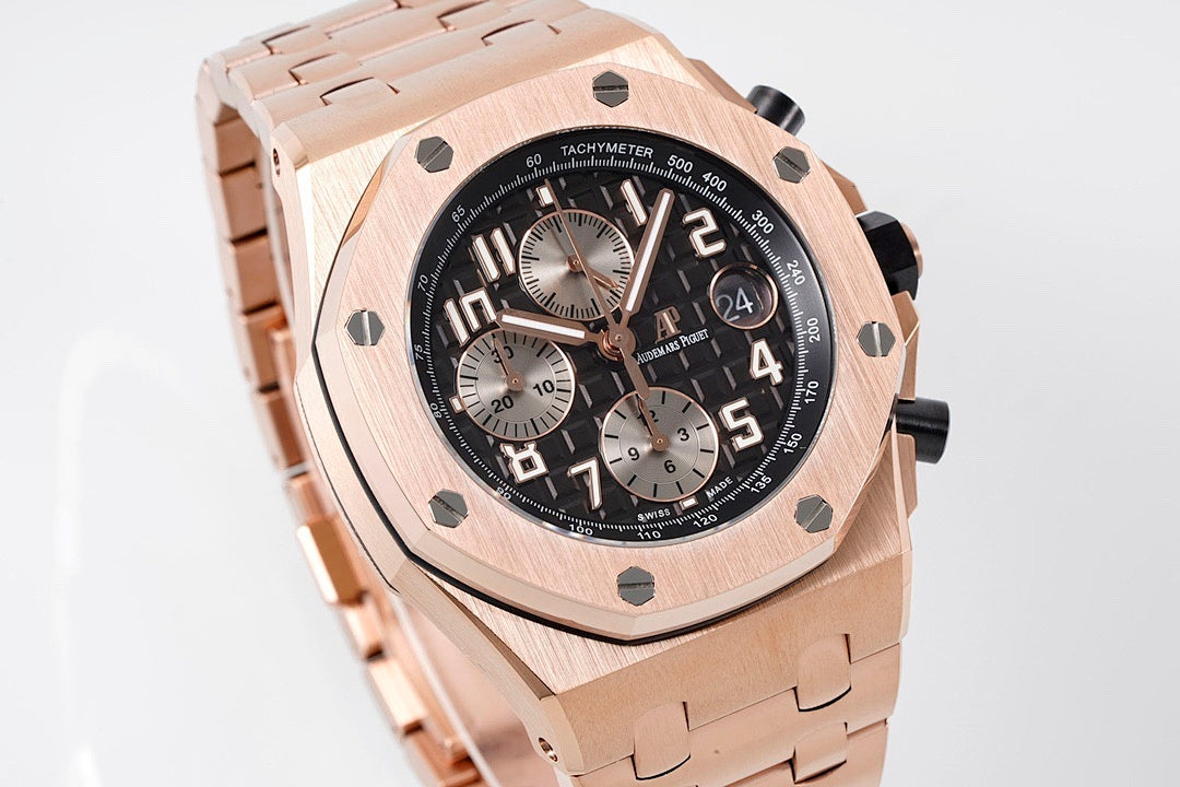 Rose-gold chronograph watch angled view with black dial and three subdials