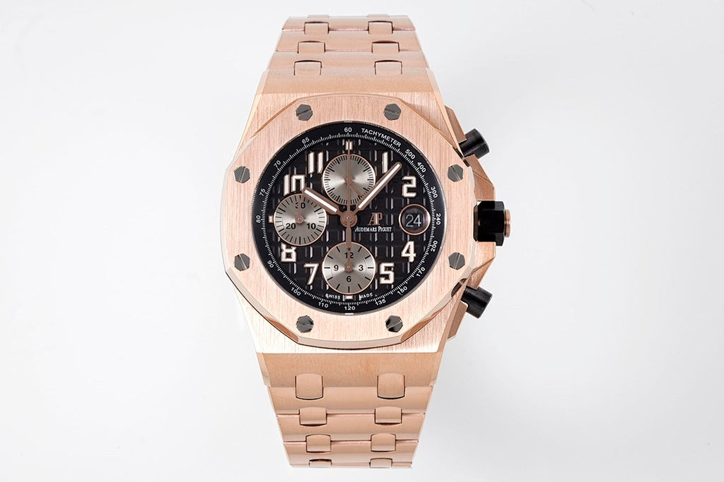 Rose-gold chronograph watch with black dial, subdials, and link bracelet