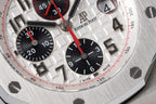 Royal Oak Offshore watch dial close-up, black subdials with red seconds accents