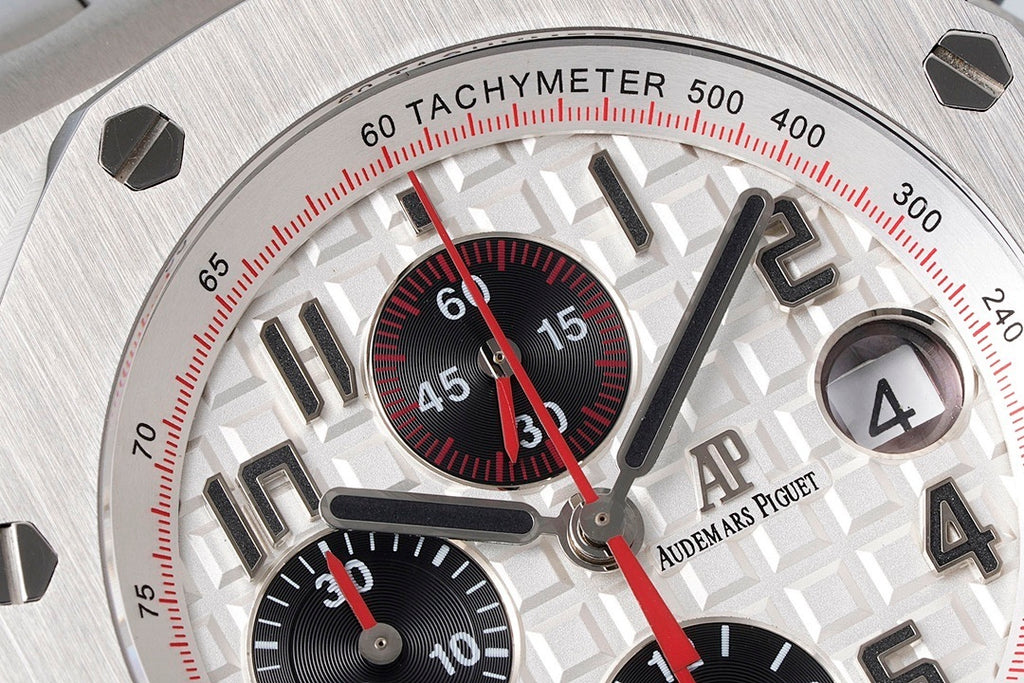 Royal Oak Offshore watch dial detail, tachymeter scale with red accents and black subdial