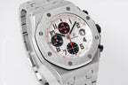 Royal Oak Offshore watch angled view, stainless steel bracelet and white dial with black subdials