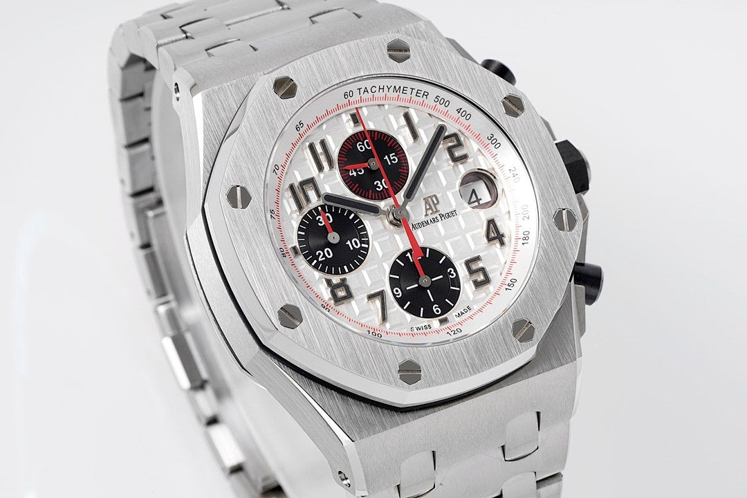 Royal Oak Offshore watch angled view, stainless steel bracelet and white dial with black subdials