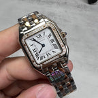 Cartier watch close-up of rectangular face, Roman numerals, diamond bezel, silver-and-gold links