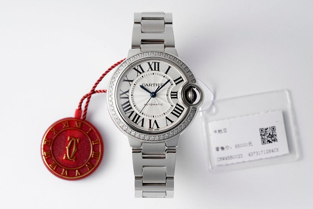 Cartier stainless steel wristwatch with silver dial and red AF tag