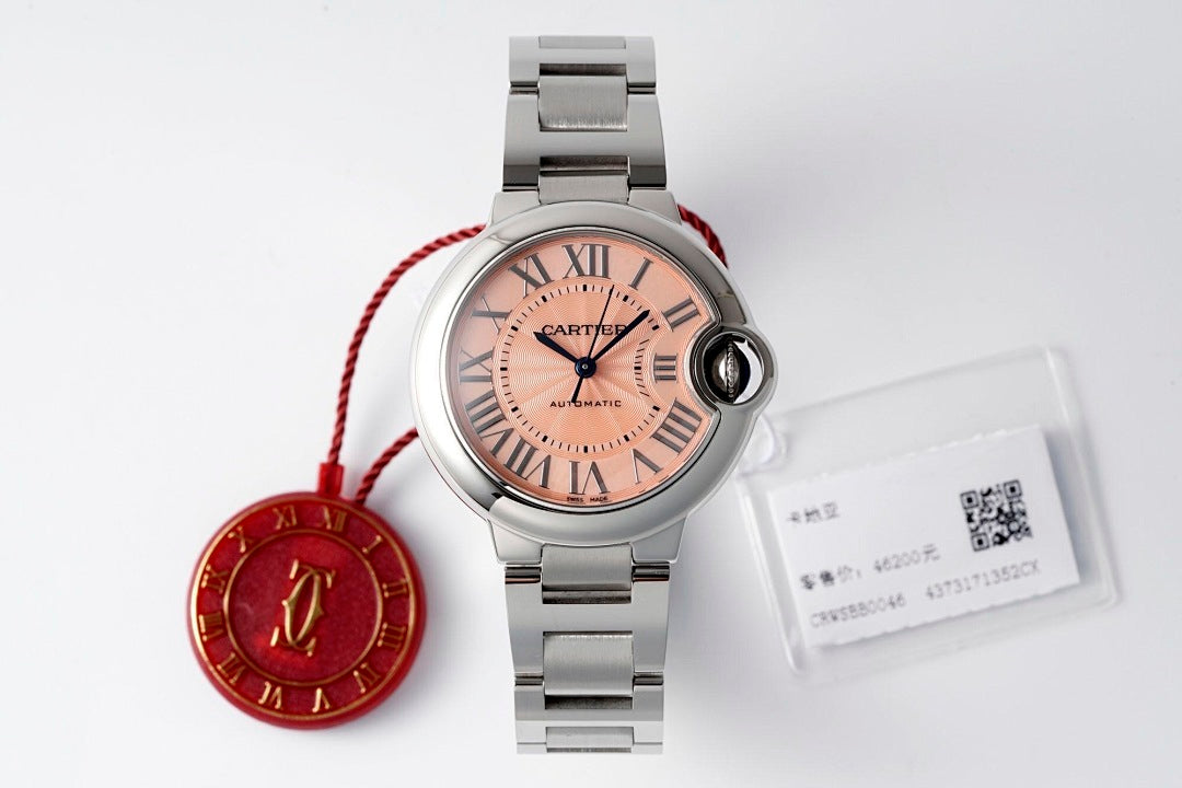 Cartier stainless steel wristwatch with rose dial and red AF charm