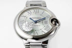 Cartier watch close-up of white-silver dial with Roman numerals
