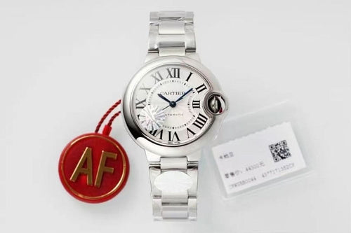 Cartier watch with silver metal bracelet, white dial, Roman numerals, red AF key tag