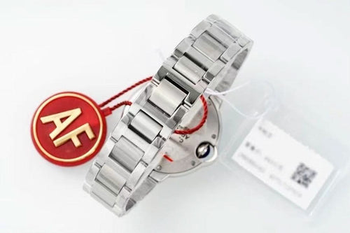 Cartier watch with silver metal bracelet, angled case, white dial, red AF tag, papers