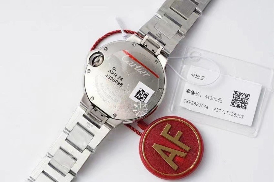 Cartier watch caseback and bracelet, red AF tag, QR card