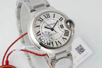 Cartier watch close-up on white dial, silver case, Roman numerals, red cord