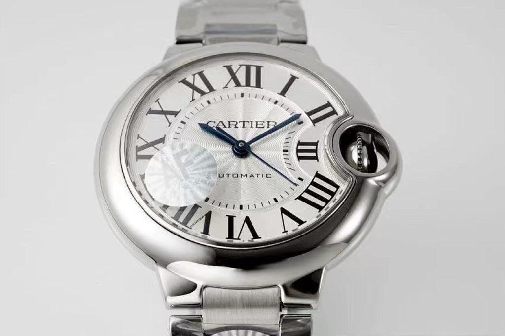 Cartier watch front view, white dial with Roman numerals, silver bracelet