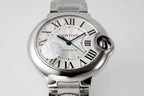 Cartier watch front view, white dial with Roman numerals, silver bracelet