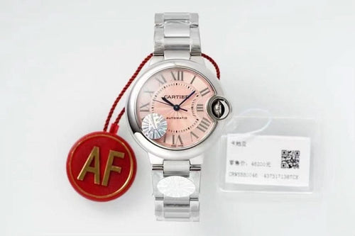 Cartier automatic wristwatch with silver metal bracelet and light pink dial