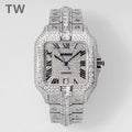 Diamond-encrusted wristwatch with blue hands, Roman numerals, and metal link bracelet.