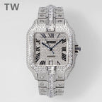 Diamond-encrusted wristwatch with blue hands, Roman numerals, and metal link bracelet.