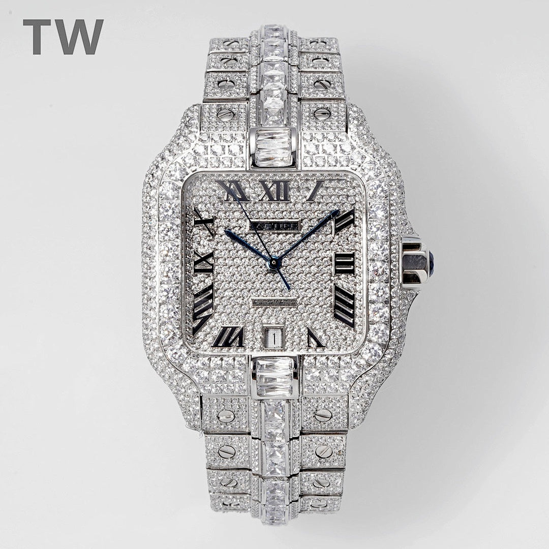 Diamond-encrusted wristwatch with blue hands, Roman numerals, and metal link bracelet.