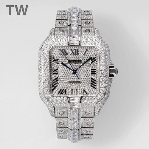 Diamond-encrusted wristwatch with blue hands, Roman numerals, and metal link bracelet.