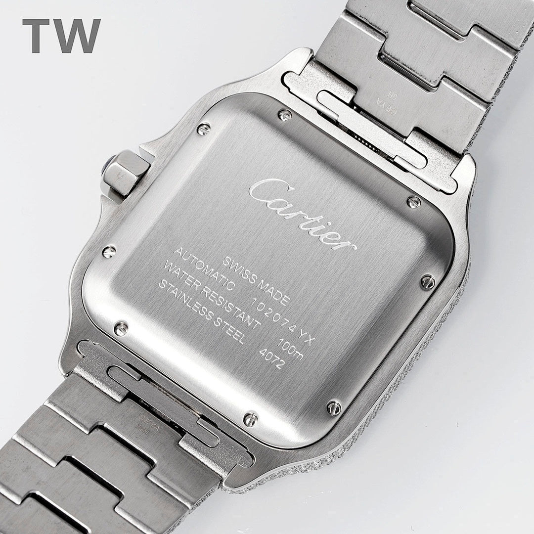 Stainless-steel wristwatch case with Cartier logo and link bracelet, angled view.
